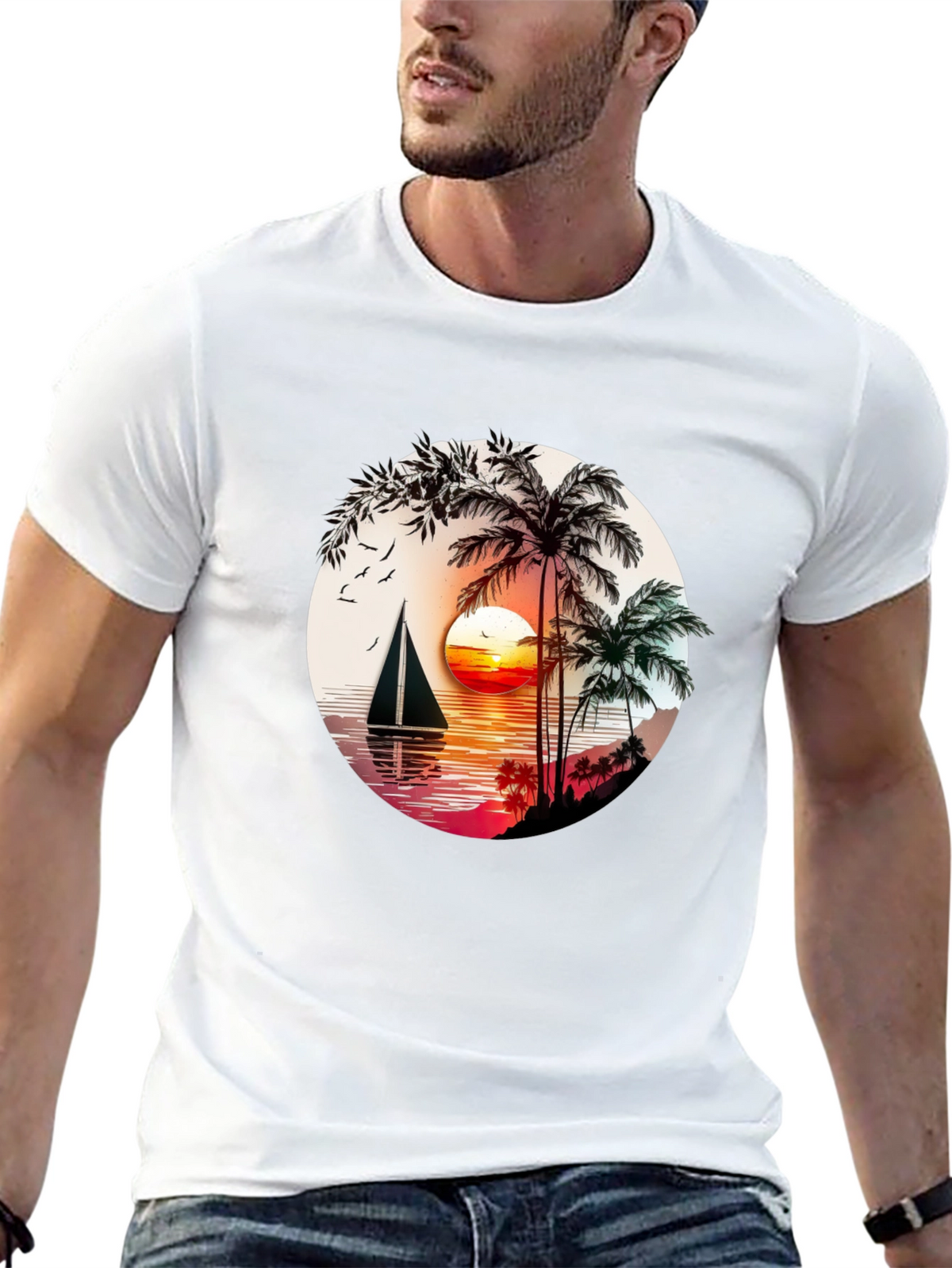 Tropical Sunset Sailboat Graphic T-Shirt