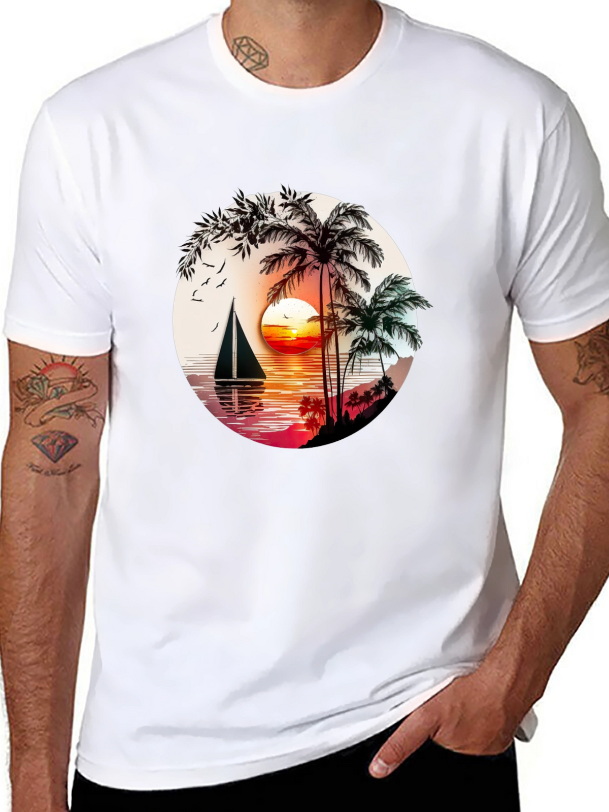 Tropical Sunset Sailboat Graphic T-Shirt
