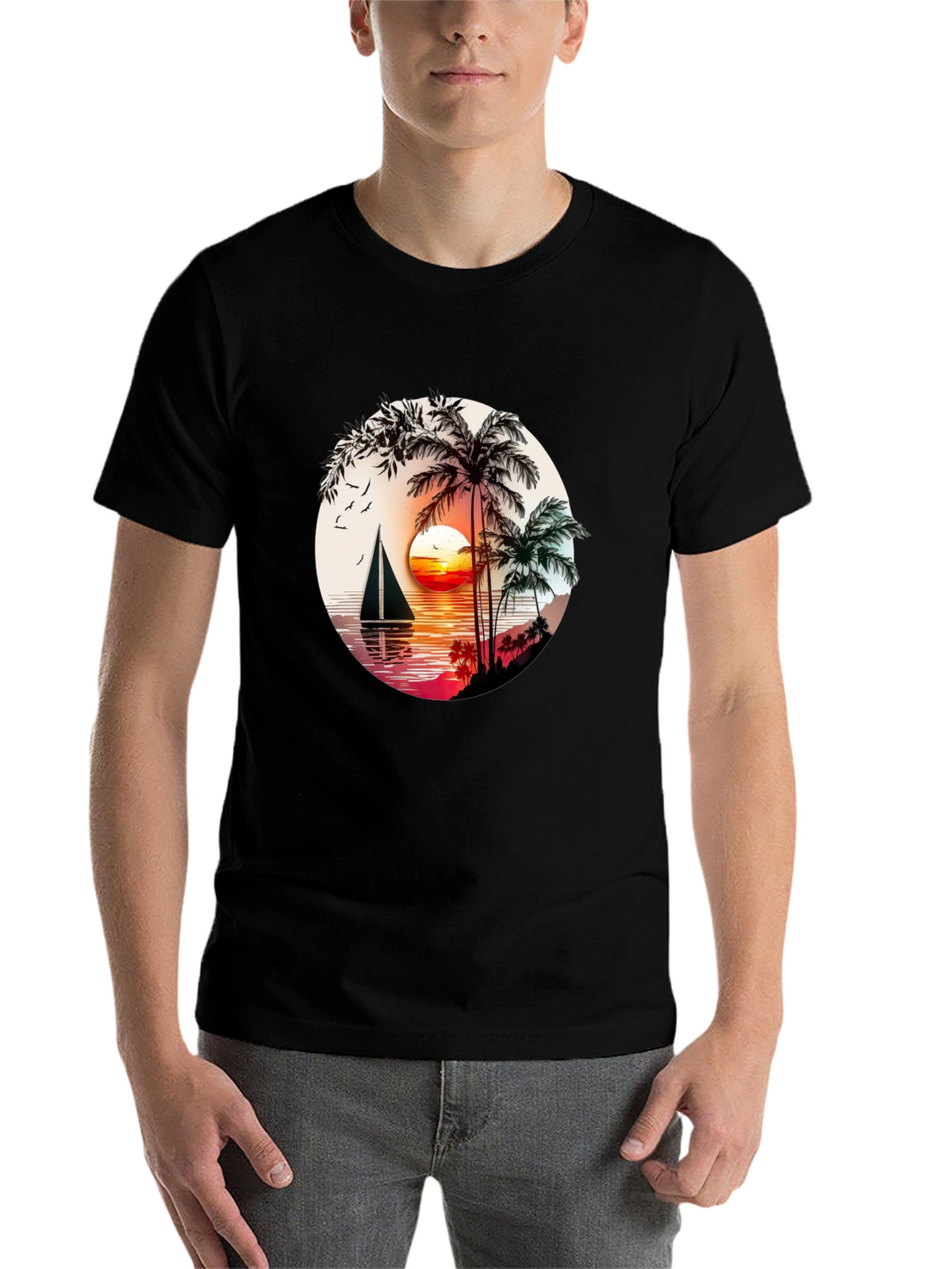 Tropical Sunset Sailboat Graphic T-Shirt