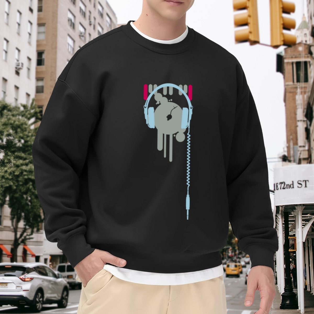 Vintage Retro Audio Headphones Vinyl Drip Crewneck Sweatshirt for Music Lovers