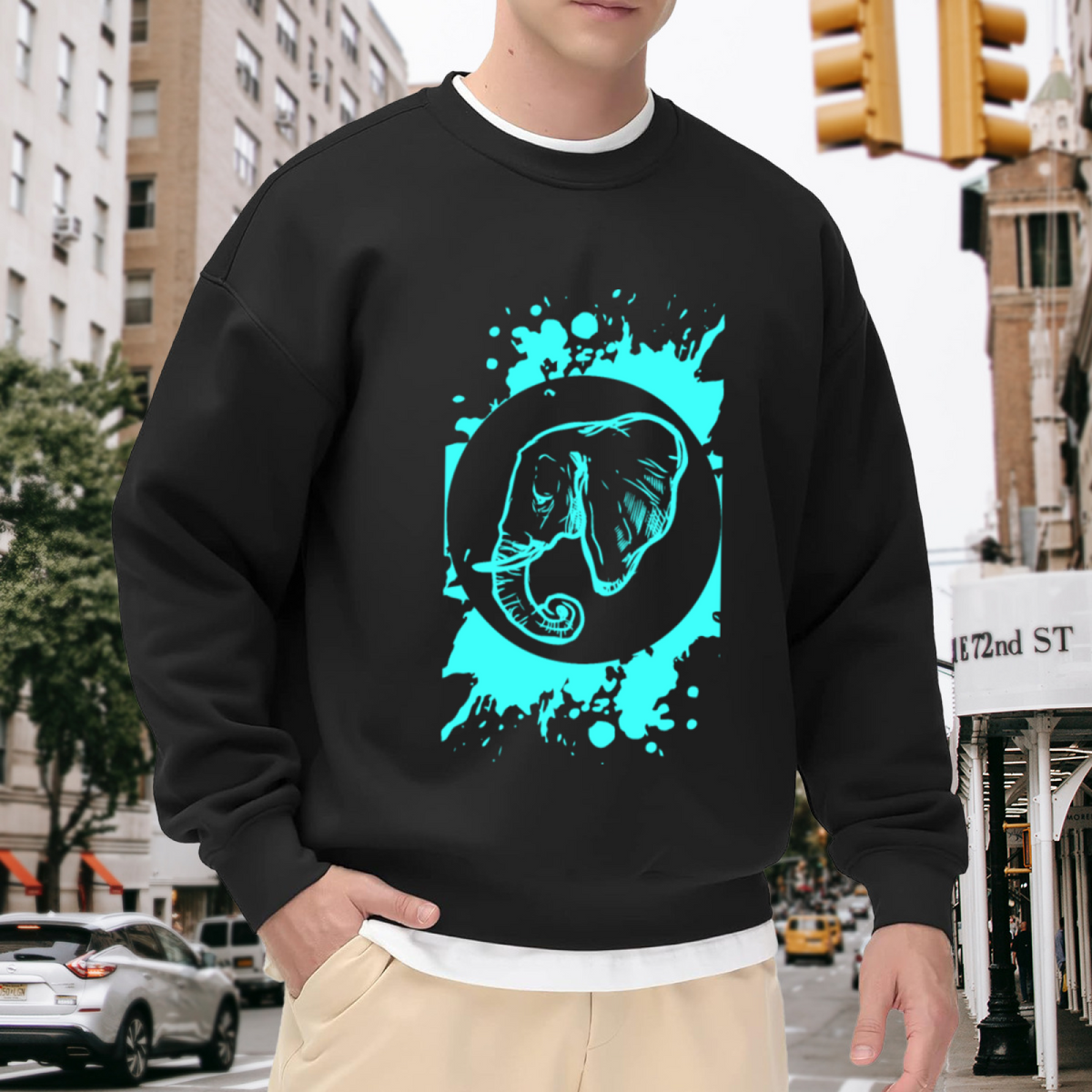 Elephant Ink Line Art Crewneck Sweatshirt - Splash Art Wildlife Graphic Pullover, Modern Animal Streetwear, Bold Graphic