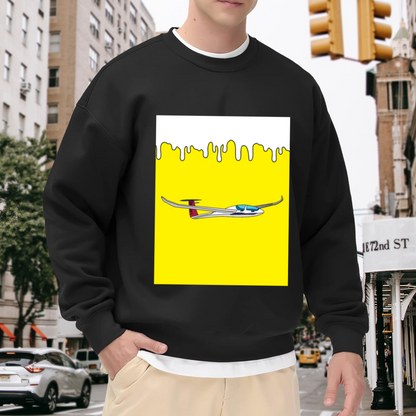 Pop Art Airplane Melting Yellow Graphic Crewneck Sweatshirt | Retro Aviation Illustration Pullover, Pilot Travel Lover Gift
