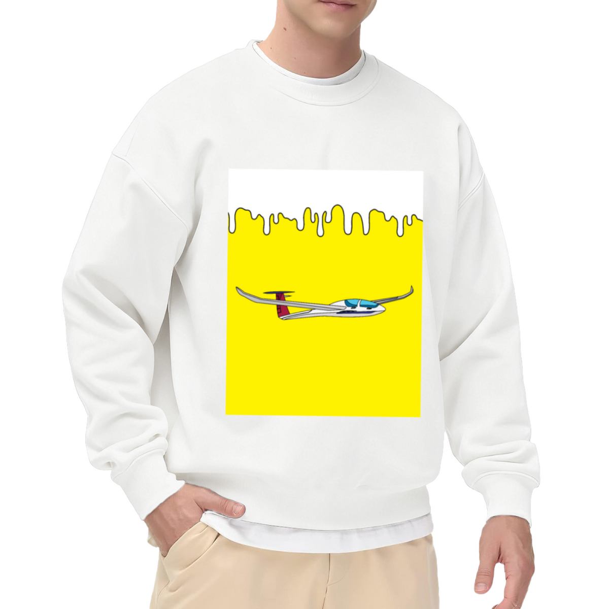 Pop Art Airplane Melting Yellow Graphic Crewneck Sweatshirt | Retro Aviation Illustration Pullover, Pilot Travel Lover Gift