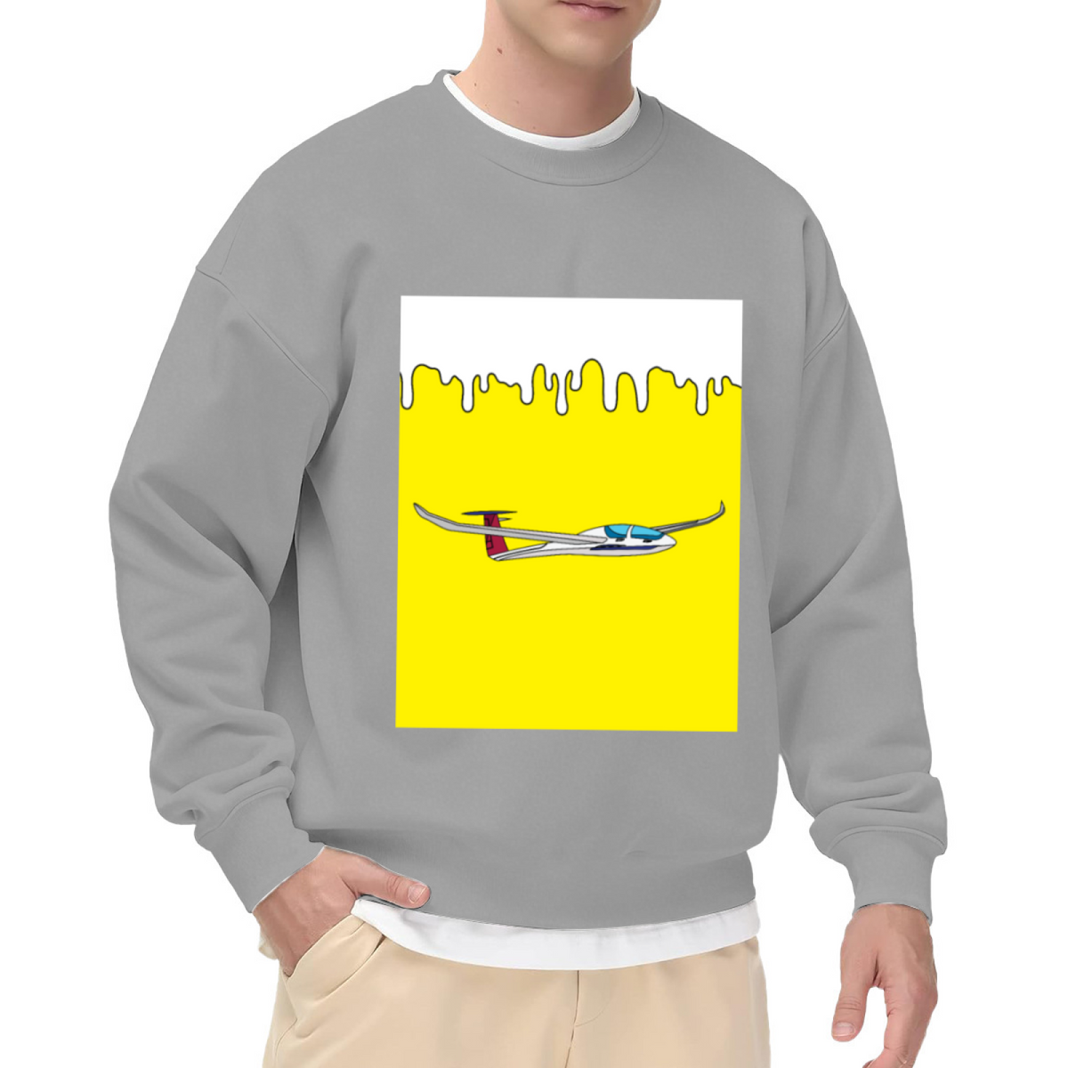 Pop Art Airplane Melting Yellow Graphic Crewneck Sweatshirt | Retro Aviation Illustration Pullover, Pilot Travel Lover Gift