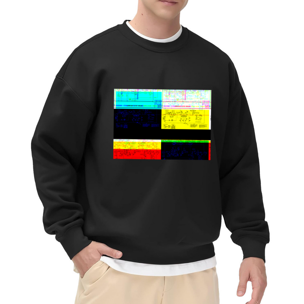 Circuit Diagram Glitch Art Sweatshirt | Vintage Electronics Blueprint Graphic Crewneck, Tech Schematic Pullover Top, Engineer Gift for Geeks