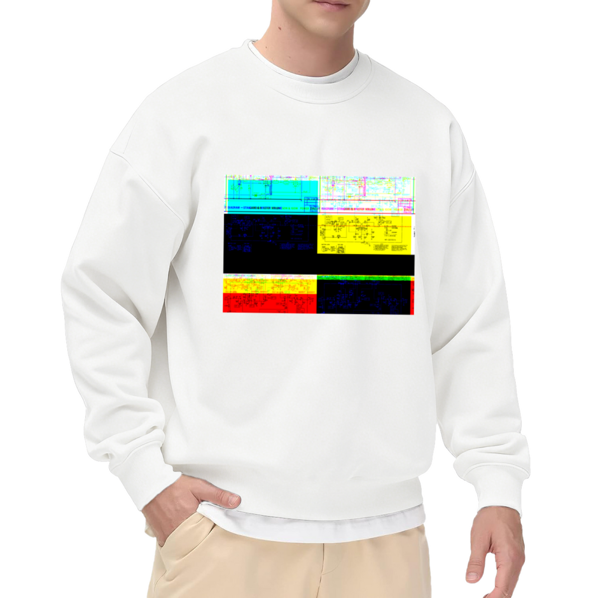 Circuit Diagram Glitch Art Sweatshirt | Vintage Electronics Blueprint Graphic Crewneck, Tech Schematic Pullover Top, Engineer Gift for Geeks