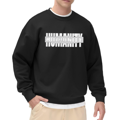 HUMANITY Glitch Art Distorted Typography Crewneck Sweatshirt | Conceptual Streetwear Graphic Pullover, Modern Edgy Top