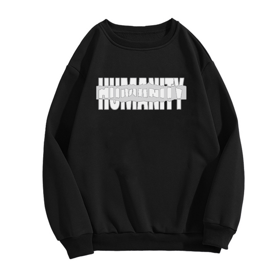 HUMANITY Glitch Art Distorted Typography Crewneck Sweatshirt | Conceptual Streetwear Graphic Pullover, Modern Edgy Top