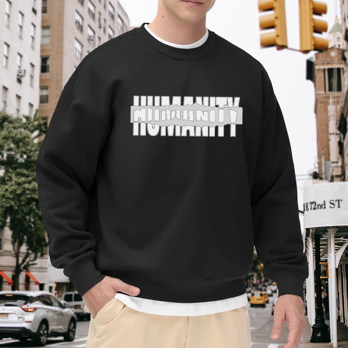 HUMANITY Glitch Art Distorted Typography Crewneck Sweatshirt | Conceptual Streetwear Graphic Pullover, Modern Edgy Top
