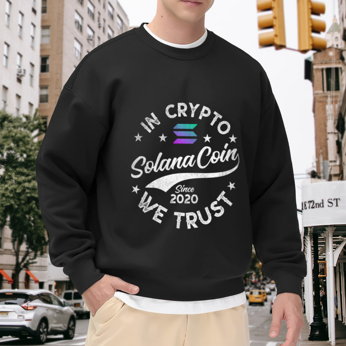 In Crypto We Trust Solana Coin Vintage Emblem Crewneck Sweatshirt | Crypto Blockchain Distressed Pullover, Investor Gift