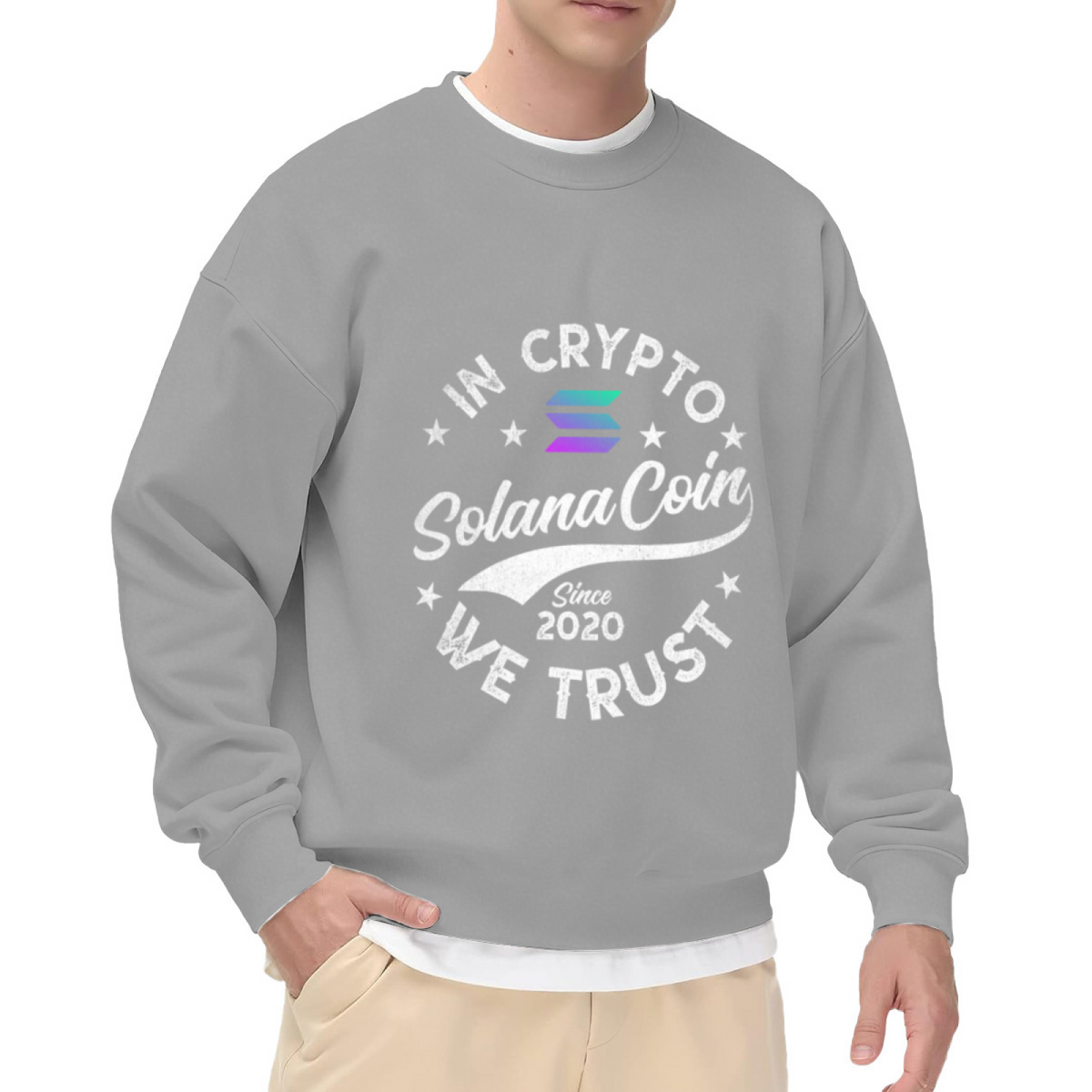 In Crypto We Trust Solana Coin Vintage Emblem Crewneck Sweatshirt | Crypto Blockchain Distressed Pullover, Investor Gift