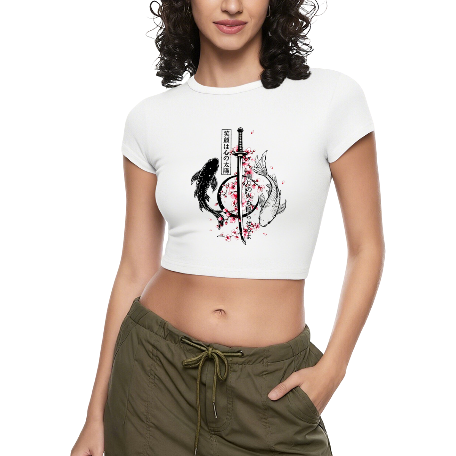 Japanese Koi Sword Cherry Blossom Vintage Red Crop Tee