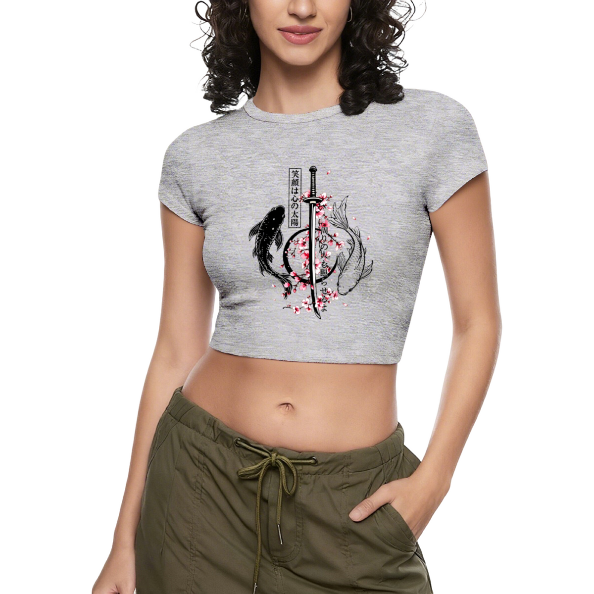 Japanese Koi Sword Cherry Blossom Vintage Red Crop Tee