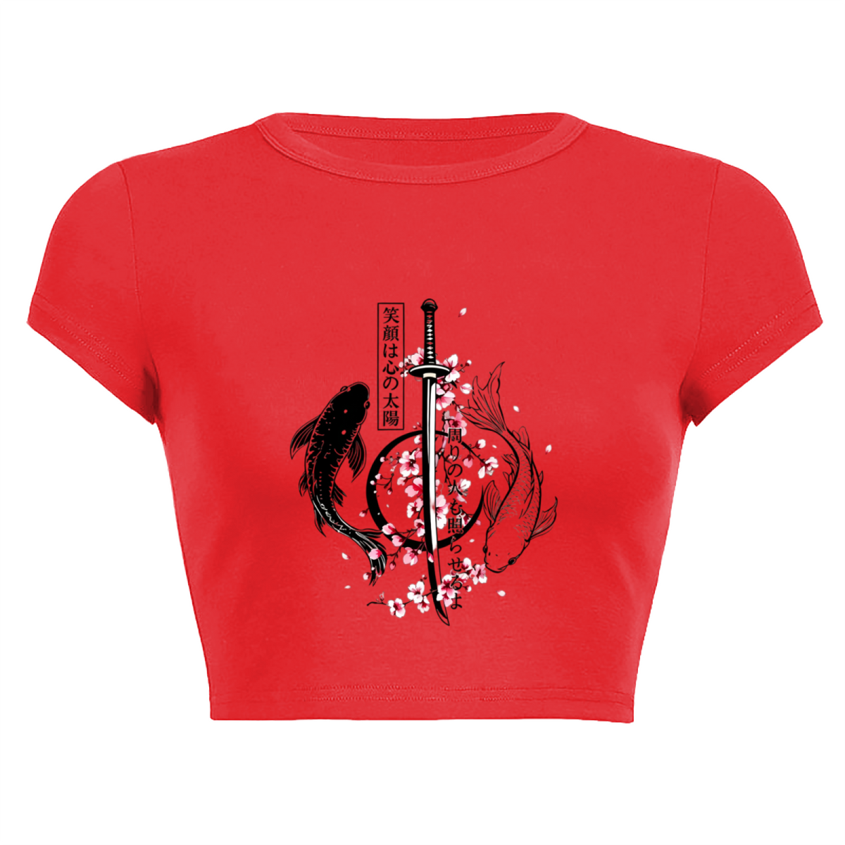 Japanese Koi Sword Cherry Blossom Vintage Red Crop Tee
