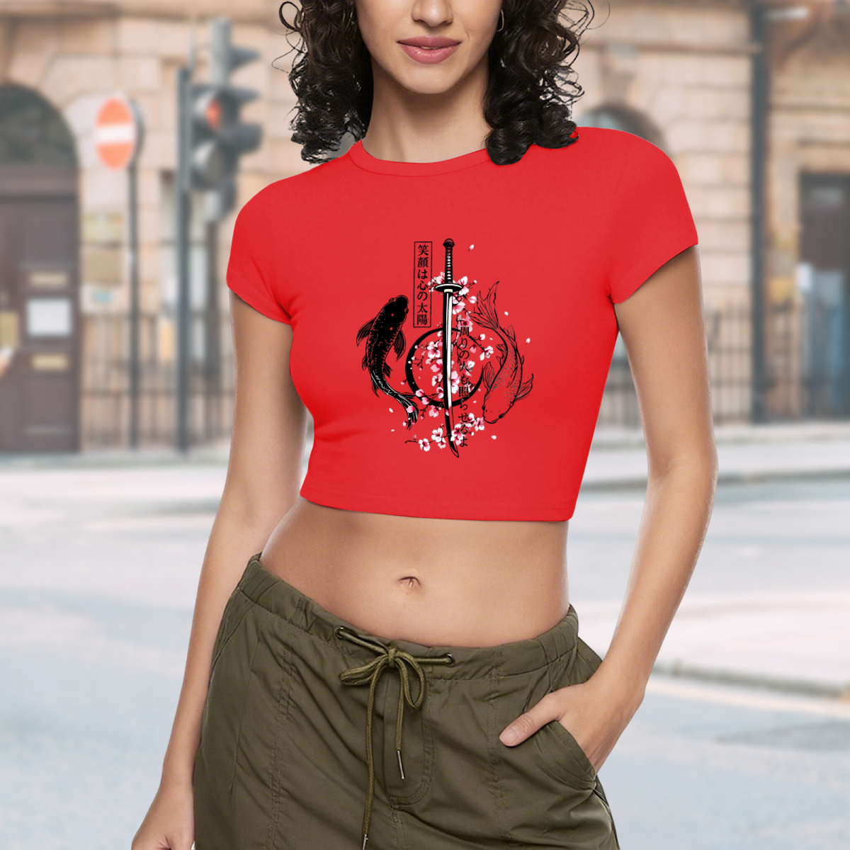 Japanese Koi Sword Cherry Blossom Vintage Red Crop Tee