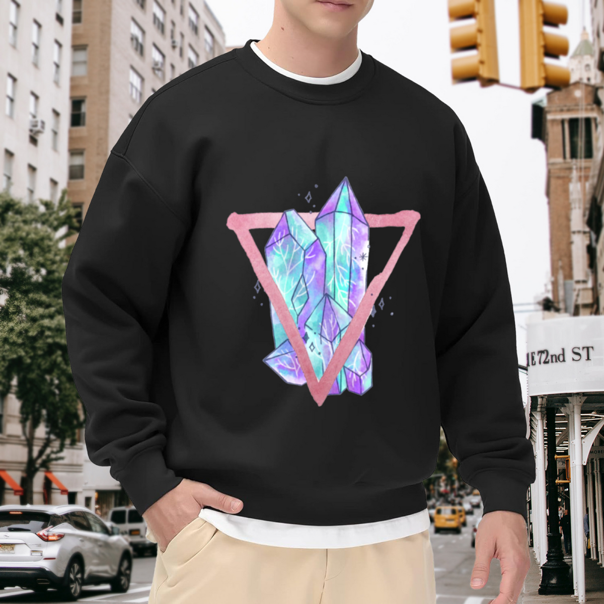 Crystal Cluster Design Crewneck Sweatshirt - Watercolor Geometric Aesthetic Top