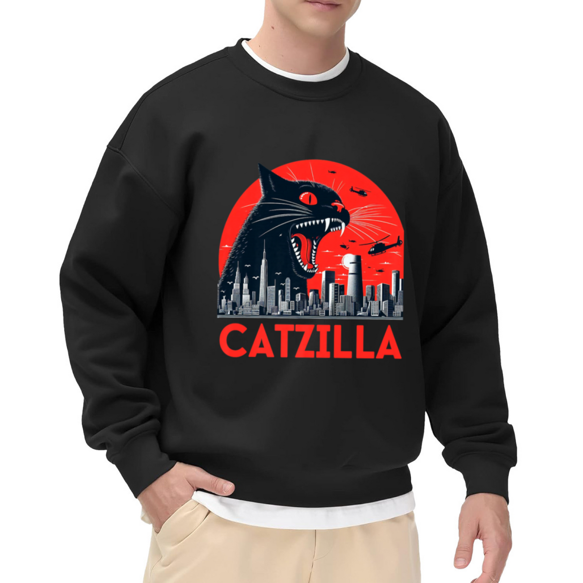 Catzilla Giant Cat Kaiju Monster Crewneck Sweatshirt | Retro Movie Poster Parody Pullover, Cat Lover Gift