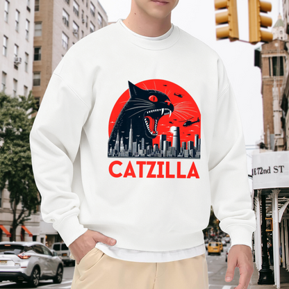Catzilla Giant Cat Kaiju Monster Crewneck Sweatshirt | Retro Movie Poster Parody Pullover, Cat Lover Gift