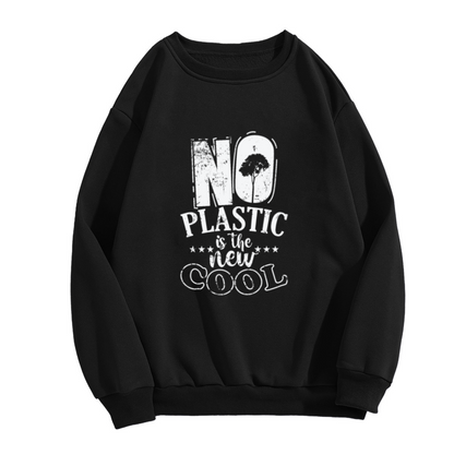 No Plastic Is The New Cool Distressed Environmental Message Crewneck Sweatshirt with Tree Graphic
