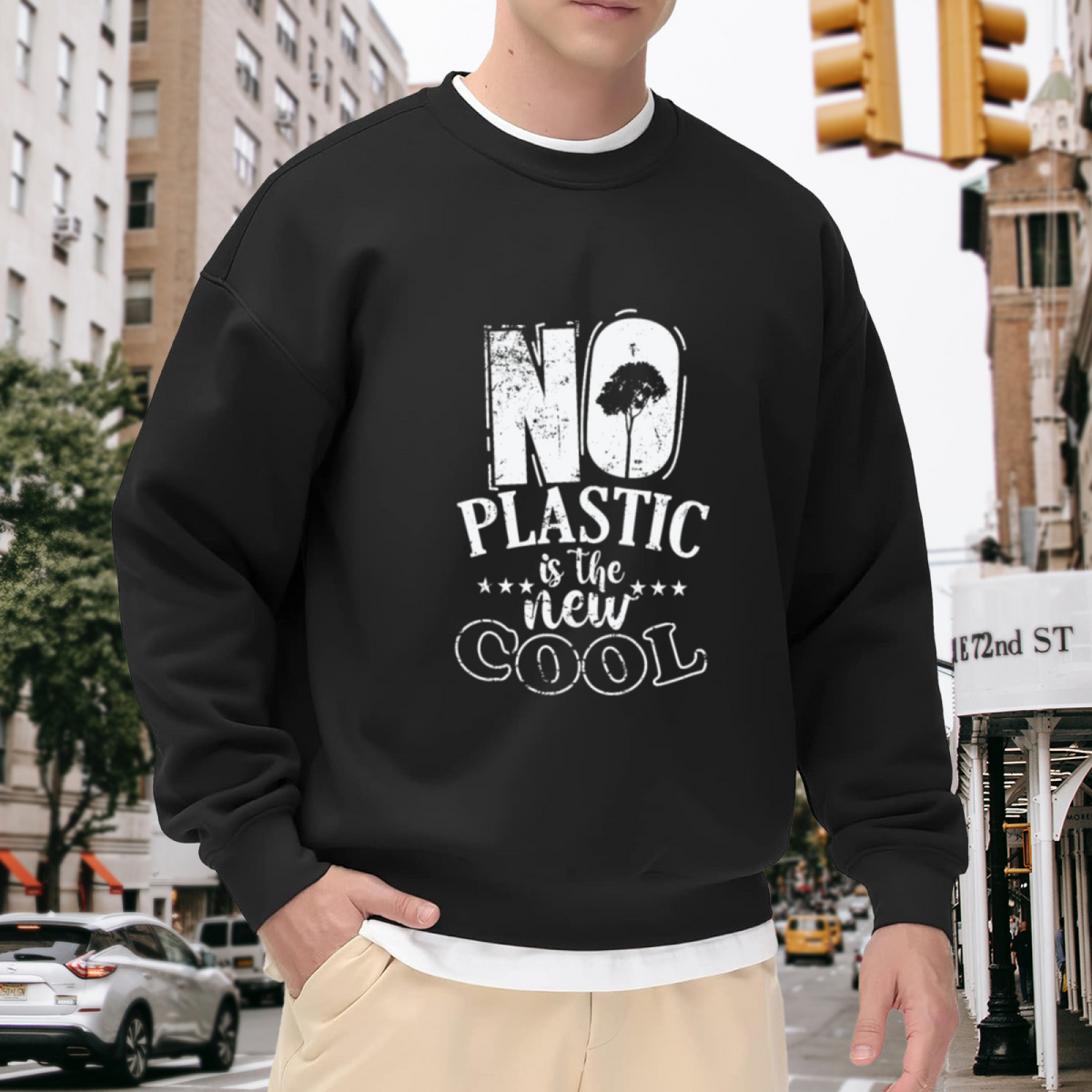 No Plastic Is The New Cool Distressed Environmental Message Crewneck Sweatshirt with Tree Graphic