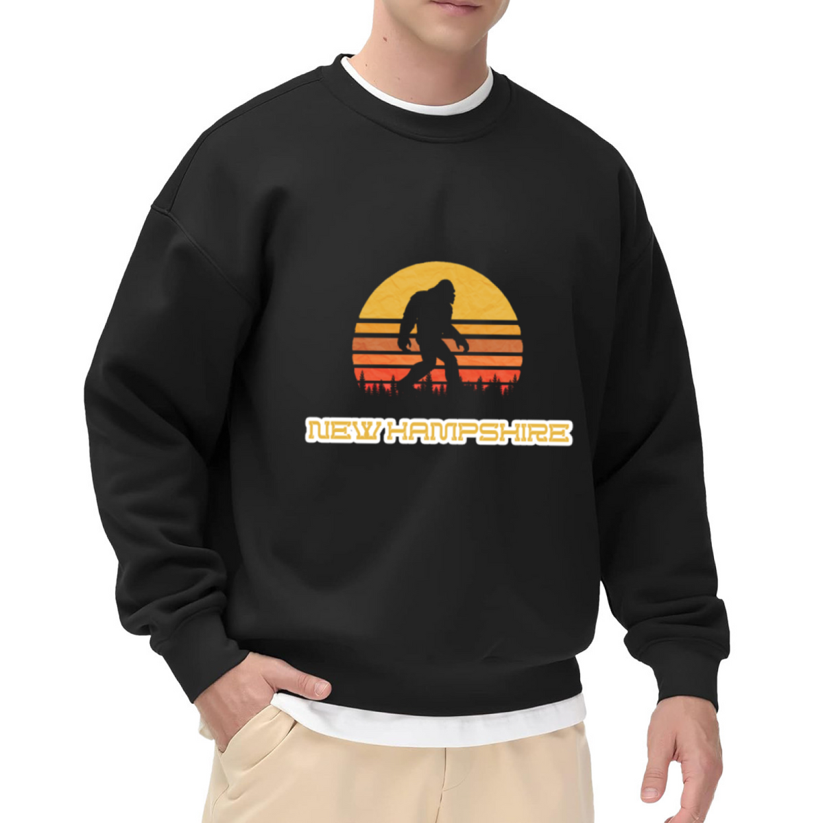 New Hampshire Bigfoot Sasquatch Retro Sunset Crewneck Sweatshirt | Vintage Wilderness Cryptid Graphic Pullover, New England Gift