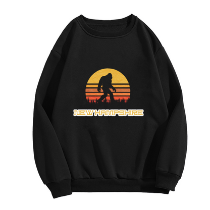 New Hampshire Bigfoot Sasquatch Retro Sunset Crewneck Sweatshirt | Vintage Wilderness Cryptid Graphic Pullover, New England Gift