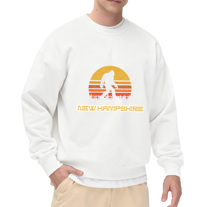 New Hampshire Bigfoot Sasquatch Retro Sunset Crewneck Sweatshirt | Vintage Wilderness Cryptid Graphic Pullover, New England Gift