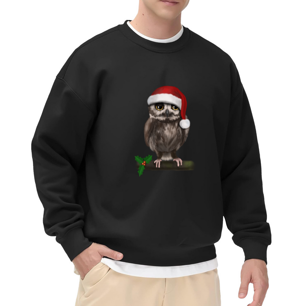Cool Grumpy Christmas Owl with Santa Hat Graphic Crewneck Sweatshirt for Men and Women