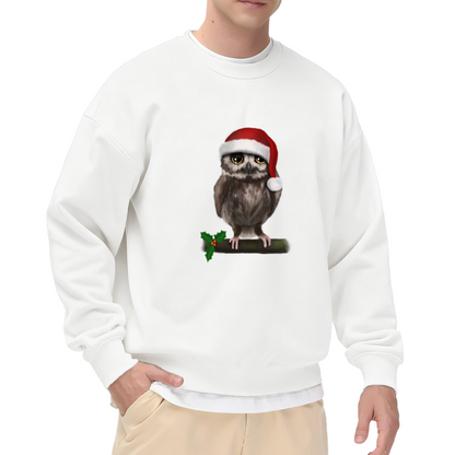Cool Grumpy Christmas Owl with Santa Hat Graphic Crewneck Sweatshirt for Men and Women