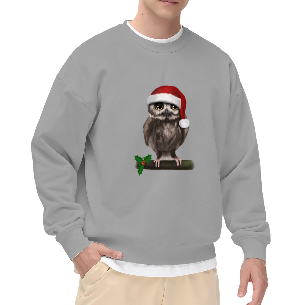 Cool Grumpy Christmas Owl with Santa Hat Graphic Crewneck Sweatshirt for Men and Women