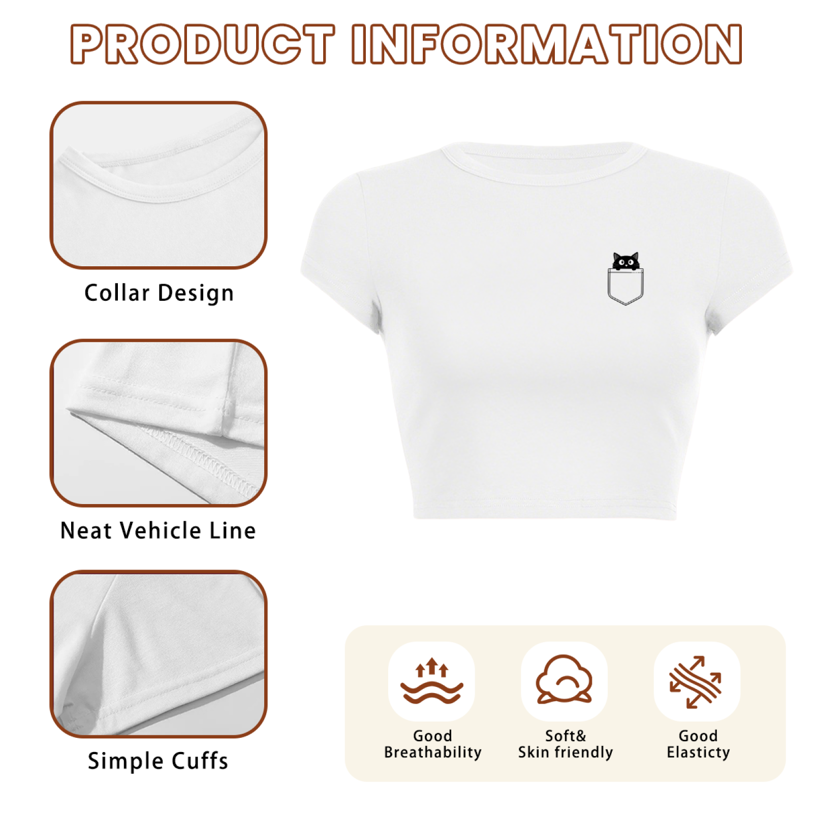 Tiny Pocket Peeking Cat Minimal White Cute Crop Top