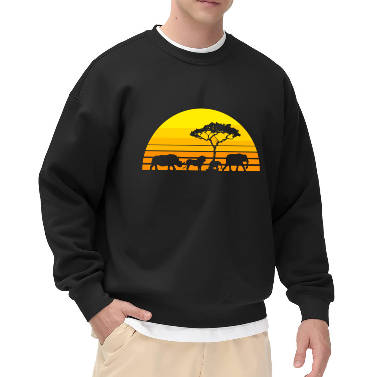 African Savanna Sunset Crewneck Sweatshirt | Wildlife Silhouette Pullover, Safari Elephant Rhino Graphic Top, World Wildlife Day Gift
