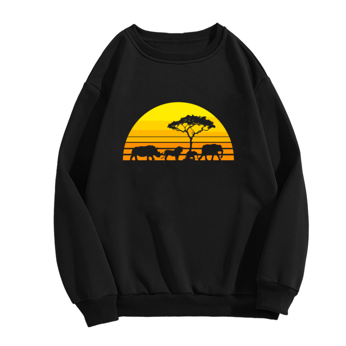 African Savanna Sunset Crewneck Sweatshirt | Wildlife Silhouette Pullover, Safari Elephant Rhino Graphic Top, World Wildlife Day Gift