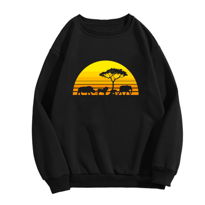African Savanna Sunset Crewneck Sweatshirt | Wildlife Silhouette Pullover, Safari Elephant Rhino Graphic Top, World Wildlife Day Gift