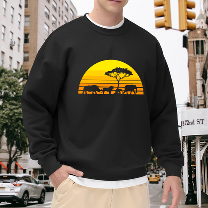 African Savanna Sunset Crewneck Sweatshirt | Wildlife Silhouette Pullover, Safari Elephant Rhino Graphic Top, World Wildlife Day Gift