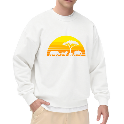 African Savanna Sunset Crewneck Sweatshirt | Wildlife Silhouette Pullover, Safari Elephant Rhino Graphic Top, World Wildlife Day Gift