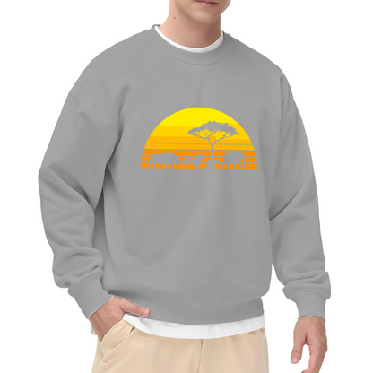 African Savanna Sunset Crewneck Sweatshirt | Wildlife Silhouette Pullover, Safari Elephant Rhino Graphic Top, World Wildlife Day Gift