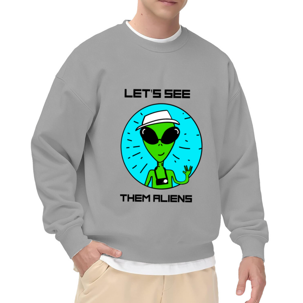 ""Let's See Them Aliens"" Crewneck Sweatshirt, Funny Green Alien Graphic with Sunglasses, Hat & Camera, UFO Space Lover Casual Pullover