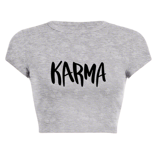 Handwritten KARMA Letter Heather Grey Crop Top ¨C Minimal Spiritual Daily Tee 13.