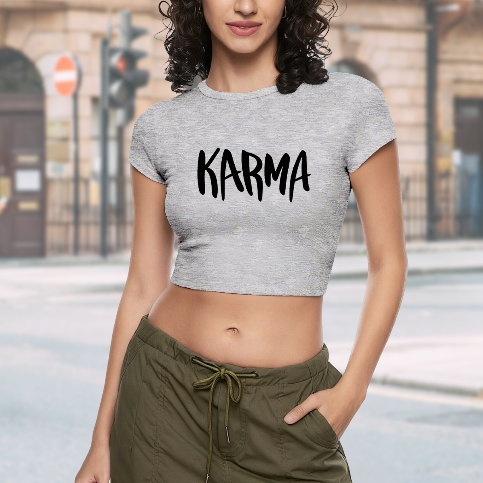 Handwritten KARMA Letter Heather Grey Crop Top ¨C Minimal Spiritual Daily Tee 13.