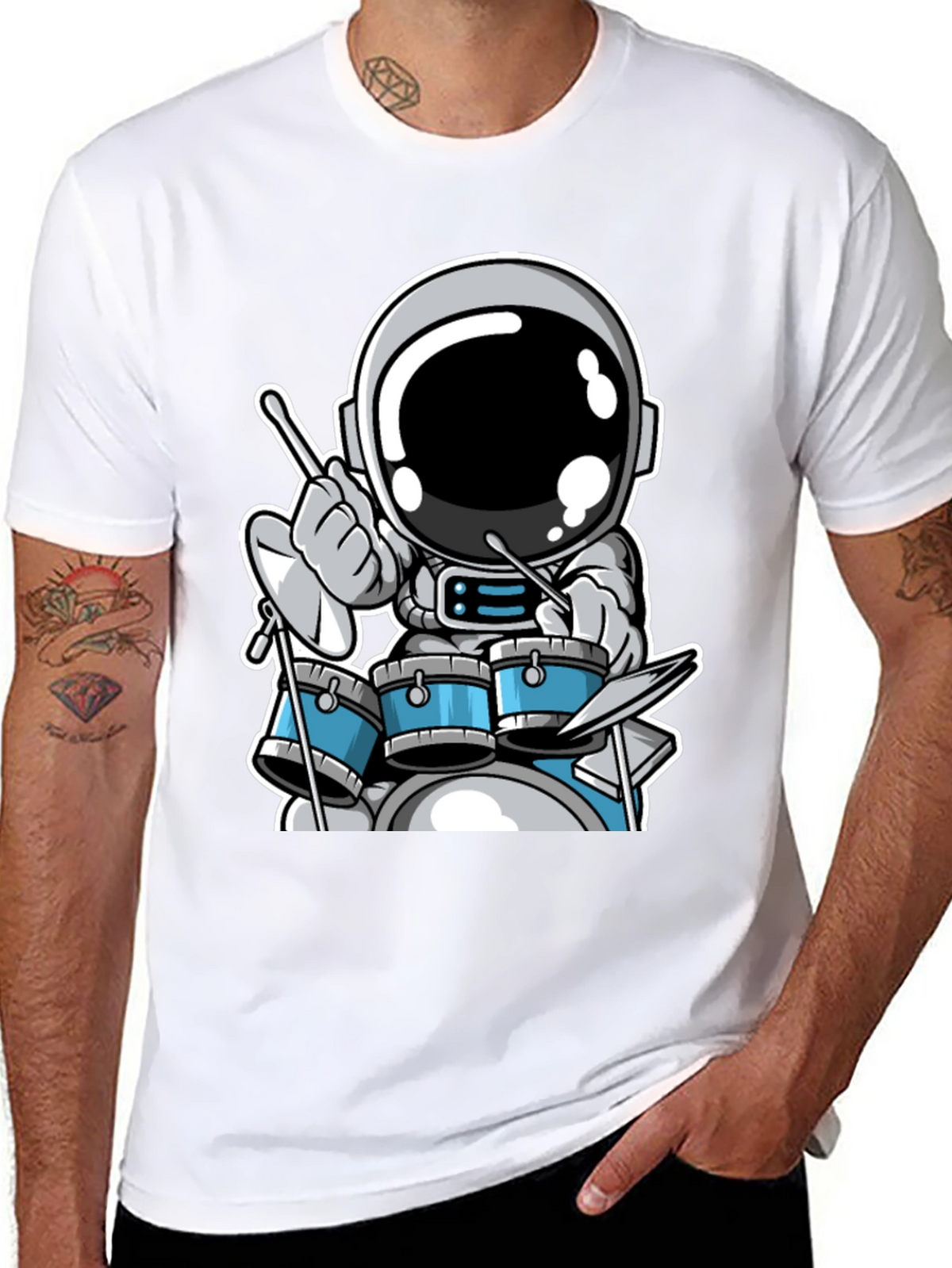 Astronaut Drummer Black T-Shirt - Space Musician Tee