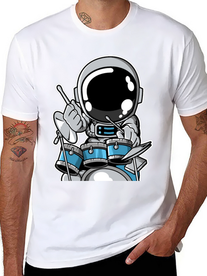 Astronaut Drummer Black T-Shirt - Space Musician Tee