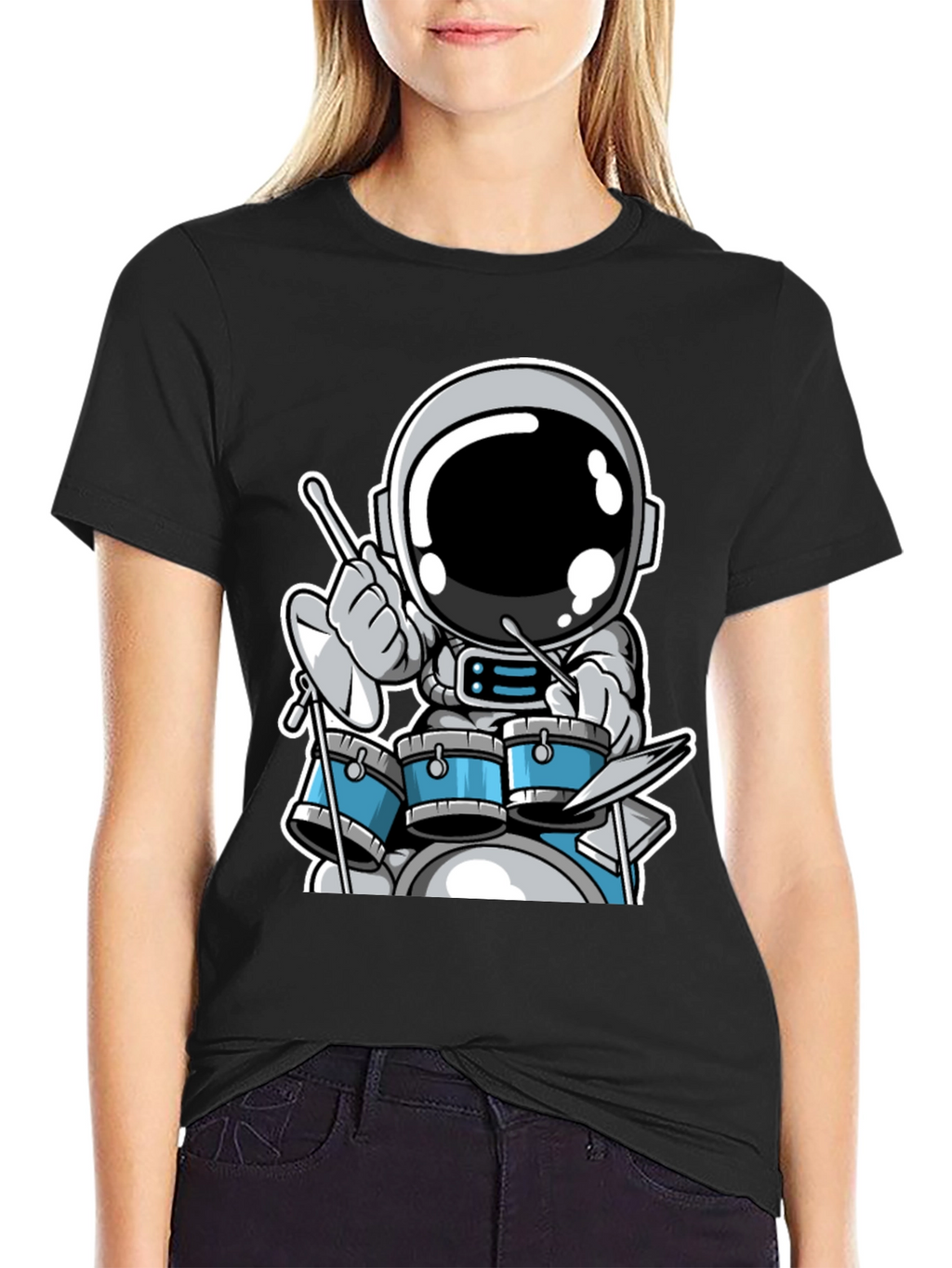 Astronaut Drummer Black T-Shirt - Space Musician Tee