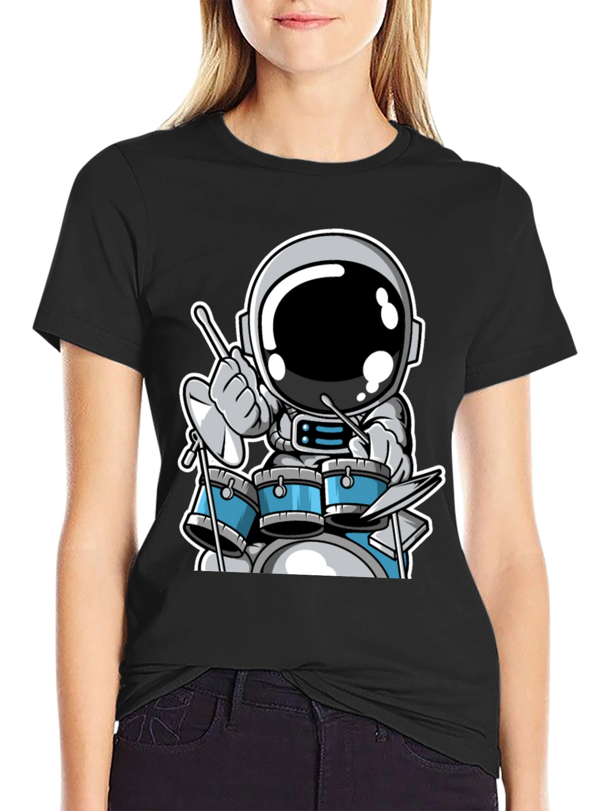 Astronaut Drummer Black T-Shirt - Space Musician Tee