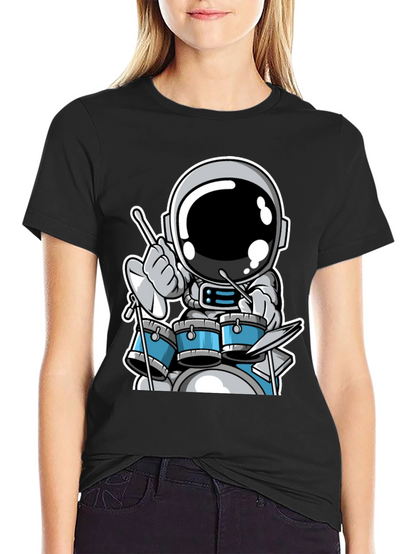 Astronaut Drummer Black T-Shirt - Space Musician Tee