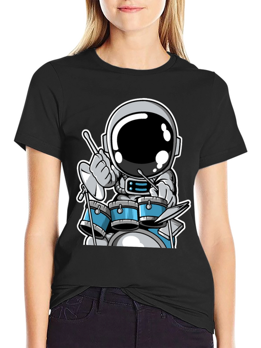 Astronaut Drummer Black T-Shirt - Space Musician Tee