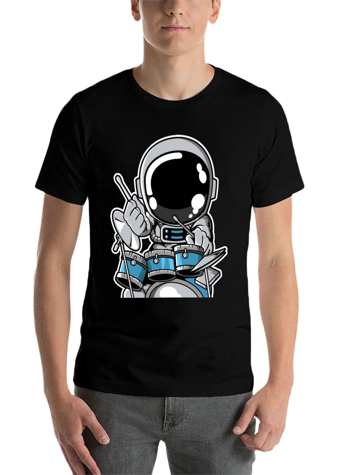 Astronaut Drummer Black T-Shirt - Space Musician Tee