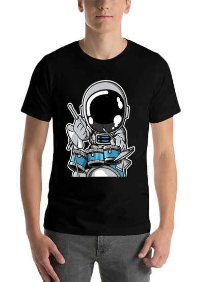 Astronaut Drummer Black T-Shirt - Space Musician Tee