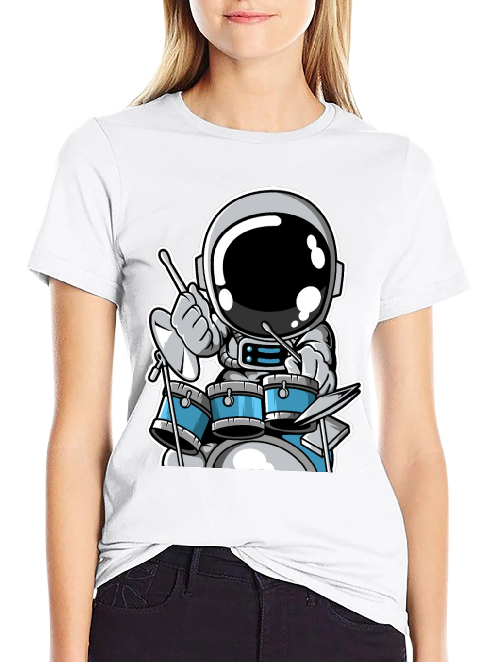 Astronaut Drummer Black T-Shirt - Space Musician Tee