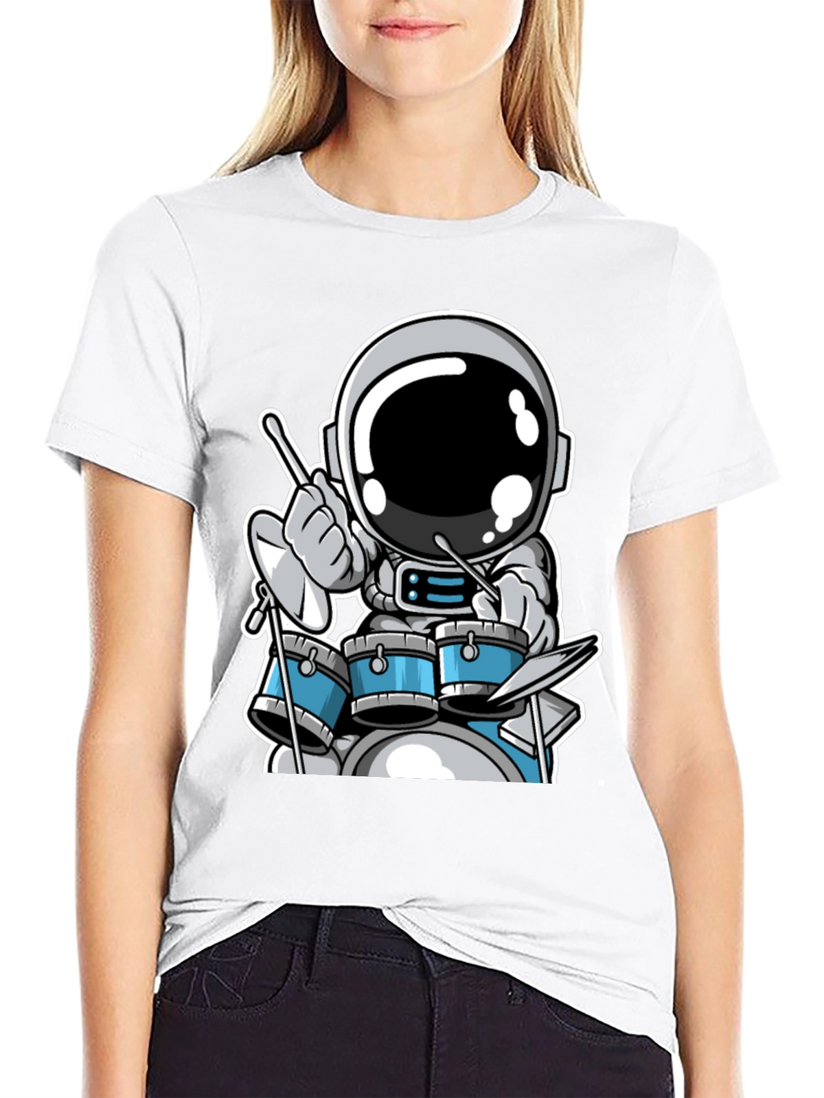 Astronaut Drummer Black T-Shirt - Space Musician Tee